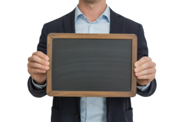 Man holding a blank chalkboard sign