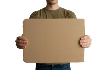 Man holding blank cardboard sign