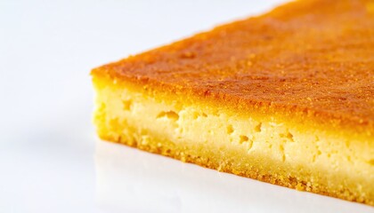 Close up of piece of cake on white surface with reflection surface.