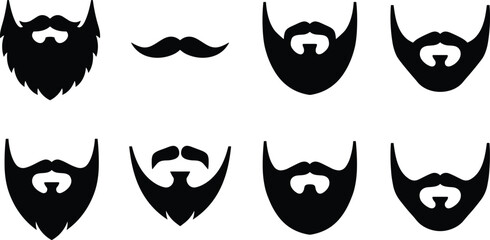 Black beard and mustache silhouette icon collection featuring various men facial hair styles for barber shop branding, grooming design, and modern fashion projects