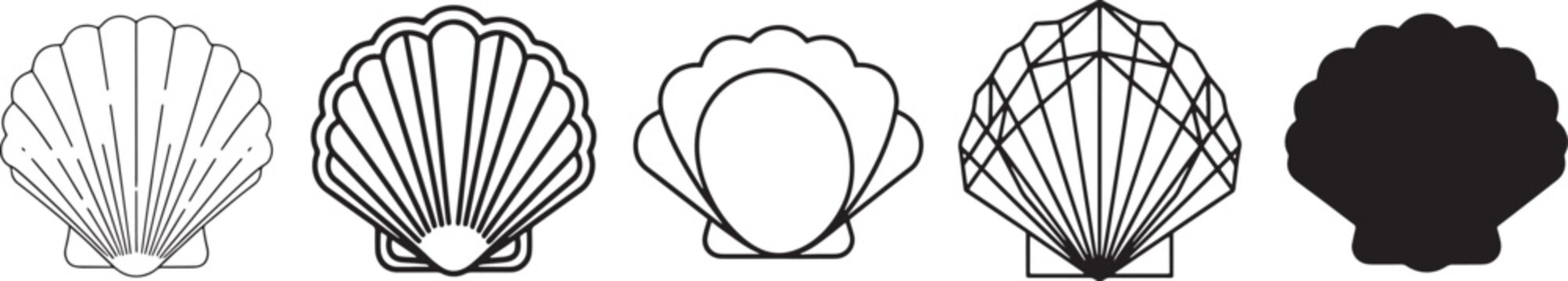 Five seashell icons illustrating various styles from outline to geometric and solid silhouette Vector