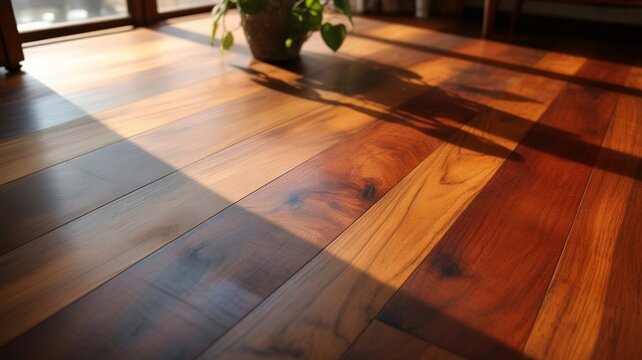 A close-up shot of a polished wooden floor with rich, warm tones and visible grain patterns. The surface reflects soft natural light streaming through a nearby window, highlighting the texture and dep