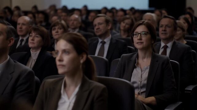Audience listens during a presentation in a large conference room while taking notes in an organized setting
