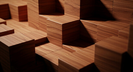 Geometric arrangement of dark brown wooden blocks creates a patterned design, showcasing abstract modern art, and representing depth and architectural texture
