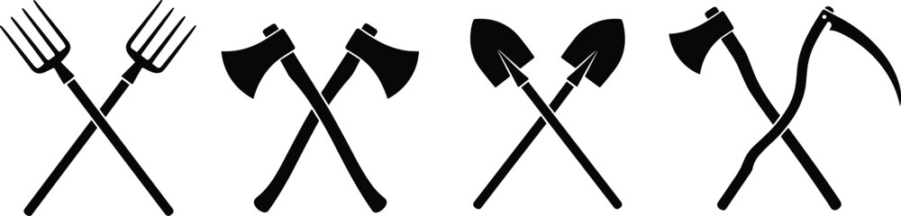 Crossed Farm and Garden Tool Silhouette Set, Black Agricultural Equipment Icons Including Pitchfork, Axe, Shovel, and Scythe for Rural, Farming, and Outdoor Design Projects © Md