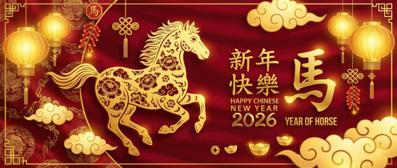 Happy Chinese New Year 2026 Year of the Horse golden horse illustration