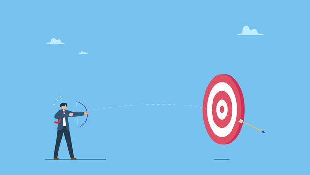 Overconfidence businessman archery terribly missed target. Terribly missed target, failure or mistake, fail to achieve goal, big error or wasted effort.