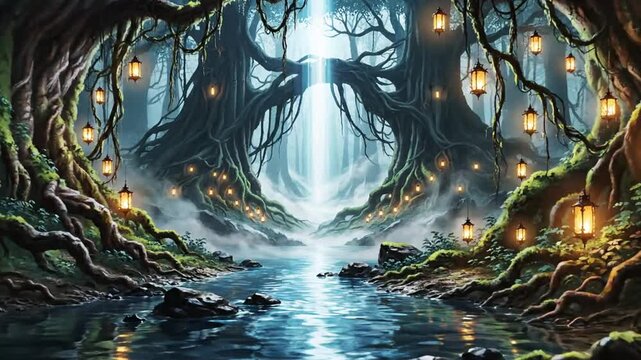 Lush Green Forest With Glowing Lanterns Hanging from Mossy Trees Along Riverbed Under Beam of Light