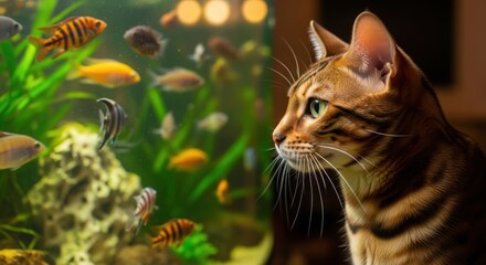 Curious bengal cat watches tropical fish in aquarium home