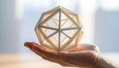 Geometric Structure Held Carefully in Hand with Soft Natural Light Illuminating the White Object and Blurry Background Creating a Sense of Wonder and Discovery
