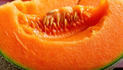 Close-up of a Fresh Cantaloupe Slice with Seeds.