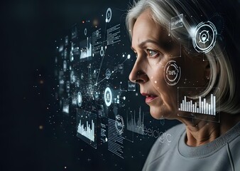 Senior businesswoman analyzing digital data interface with holographic charts and security icons for technology presentations.