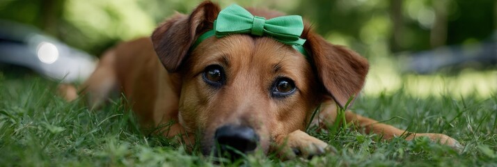 Brown dog with green bow lying on grass in a park on a sunny day