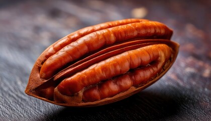 Close-up of a pecan nut on a dark wooden surface.