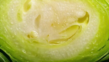 Close-up of a cut Brussels sprout revealing its inner layers.