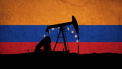 Fototapeta premium Black Oil Rig Icon Isolated on Painted Venezuelan Flag Texture