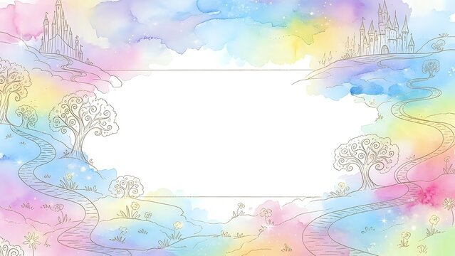 Watercolor rainbow frame with fairy tale castles and magical trees creating dreamy border on white background for fantasy designs and children projects.