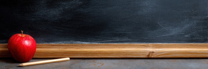 Red apple and pencil on wooden desk against chalkboard background