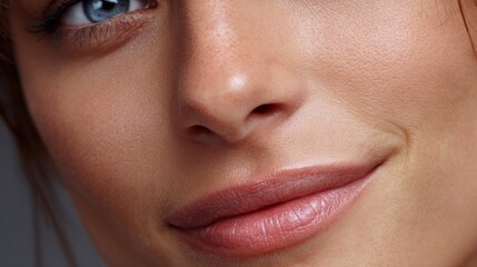 Fototapeta premium Graceful Beauty: An intimate close-up portrays delicate facial features, with soft, natural lighting enhancing the radiance of the face.