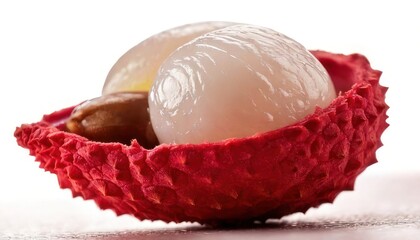 Close-up of a peeled lychee fruit with its translucent flesh and seed.