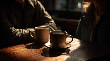 Coffee intimacy: A serene image showcasing a moment of quiet connection, a coffee cup sits on the table beside one other with a soft light.