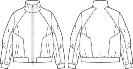 Technical Fashion Sketch Vector Set Featuring Quarter Zip Pullovers Full Zip Hooded Jackets and Windbreaker Templates Front and Back View © rakib's world