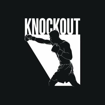 Boxer throwing punch silhouette with knockout typography text on dark background vector illustration