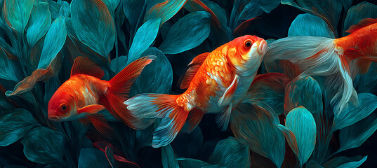 Goldfish swimming among vibrant teal leaves in a serene aquatic environment with a dark background