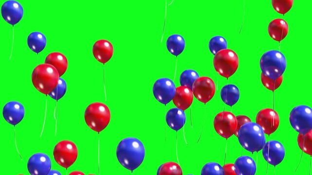 Red and blue balloons rise upward against a green background. Smooth seamless animation.