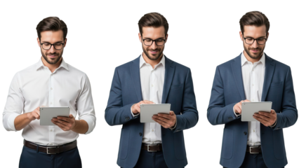 Man in white shirt and blue suit holding tablet on black background isolated on white transparent png background download