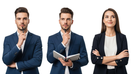 Three business people in blue and black against black background isolated on white transparent png background download