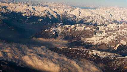 Snowy peaks of mountains of Italy, aerial view
