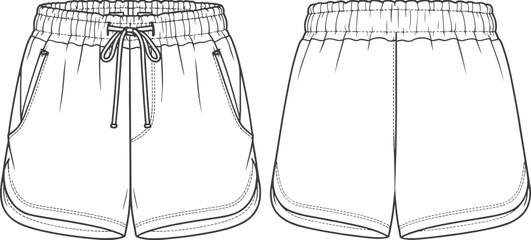 Technical Fashion Sketch Vector Set Featuring Quarter Zip Pullovers Full Zip Hooded Jackets Track Jackets and Athletic Shorts Front Back View © rakib's world