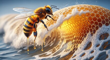 Busy bee hovering over golden honeycomb macro photography