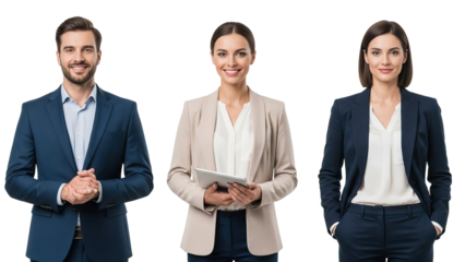 Three business people standing against black background isolated on white transparent png background download 1