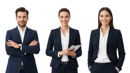 Three business professionals in navy blue suits and white shirts standing against black background isolated on white transparent png background download