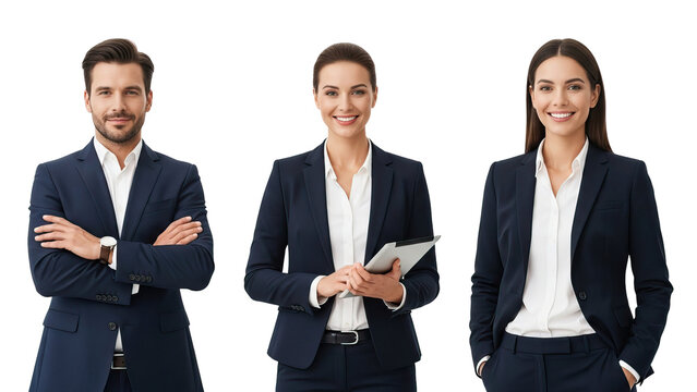 Three business professionals in navy blue suits and white shirts standing against black background isolated on white transparent png background download