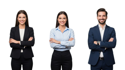 Three business professionals standing with arms crossed against black background isolated on white transparent png background download
