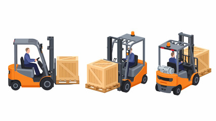 Three orange forklifts operated by people moving wooden crates on pallets in a warehouse setting.