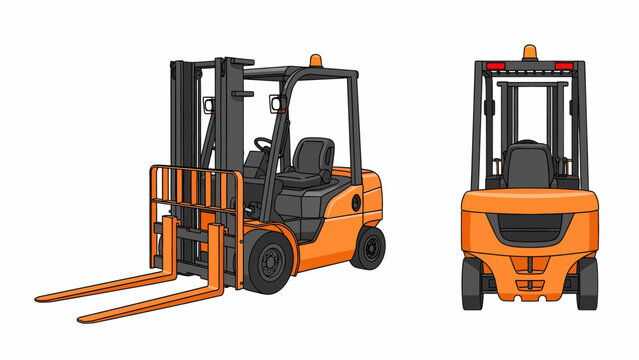 Orange and black forklift illustration from side-front and rear views on a white background.