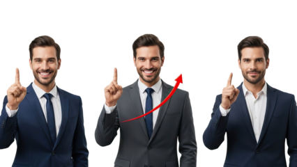 Three businessmen in suits pointing upwards with red arrow isolated on white transparent png background download