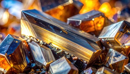 Pile of gold and silver crystals on table with blurred lights in.