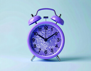 Deadline. Purple vintage alarm clock on background in pastel color. Bright design.