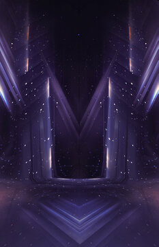 Wet asphalt, reflection of neon lights, a searchlight, smoke. Abstract light in a dark empty street with smoke, smog. Dark background scene of empty street, night view, night city.