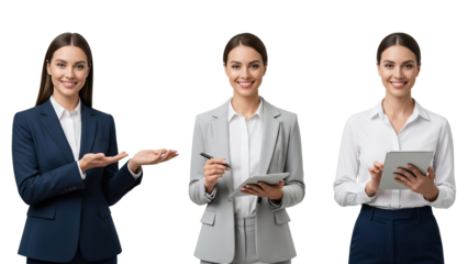 Three businesswomen in formal attire standing against black background with tablet and pen isolated on white transparent png background download