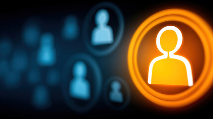 Highlighted orange person icon stands out among blurred blue user icons, representing targeting, selection, individuality, and focus in digital or business context