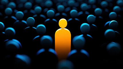 Orange figure stands out in crowd of blue people, symbolizing individuality, uniqueness, and leadership in dark, abstract environment with glowing effect