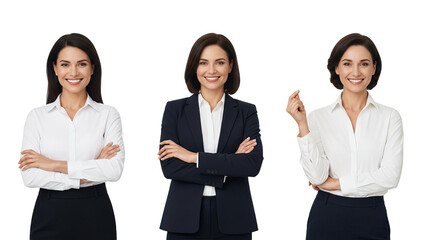 Three businesswomen in white shirts and black skirts or pants posing on black background isolated on white transparent png background download