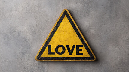 Yellow triangle warning sign with word love, grunge texture, concrete wall background, conceptual symbol for emotional caution, romance, and relationships