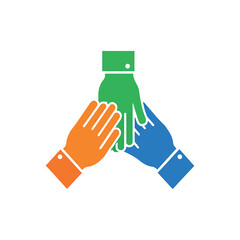 Vector illustration of three diverse hands together joining. Symbol of teamwork, business partnership. Icon of participation new